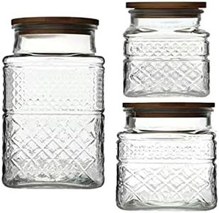 Livejun Glass Storage Jars Vintage Embossed Canisters Food Cereal Storage Containers with Bamboo Lid, Decorative Jars for Kitchen Counter,Pantry,Set 3-Piece Glass Jars in 60oz/40oz/20oz (Square)
