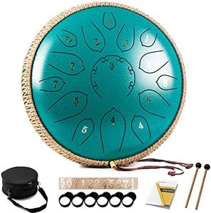 HOPWELL Steel Tongue Drum - 15 Note 12 Inch Tongue Drums - Percussion Instruments - Hand Pan Drum with Music Book, Drum Mallets and Carry Bag, D Major, Malachite Green