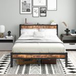 DUMEE Double Bed Frame with Wood Storage Headboard with USB Ports and Charging Station, Metal Platform Bed Frame Full, No Box Spring Needed, Noise Free, Enhanced Support Leg, Black+Brown Oak