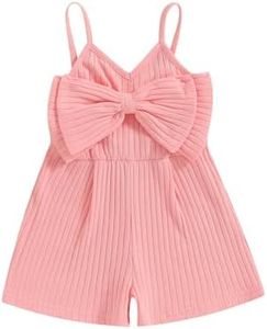 Kuriozud Toddler Girl Romper Baby Girl Sleeveless Jumpsuit with Cute Bow Summer Clothes Ribbed Halter One Piece Outfit, Cute Bow Pink, 6-12 Months