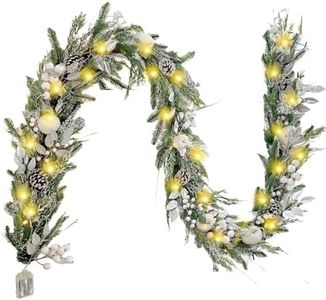 WANNA-CUL Pre-Lit 9 ft/108 Inch Christmas Garland with 50 Led Lights,Silver White Lighted Christmas Mantel Garland Decor for Front Door with White Apples and Berries,Battery Operated