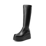 DREAM PAIRS Women's Knee High Boots Chunky Wedge Platform Block Heel Round Toe Side Zipper Fashion Long Tall Boots, Black-pu, 7