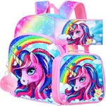 3PCS Unicorn Backpack, 16" Girls Rainbow Sequins Kids Bookbag with Lunch Box, School Bags for Elementary Preschool Kindergarten - Pink