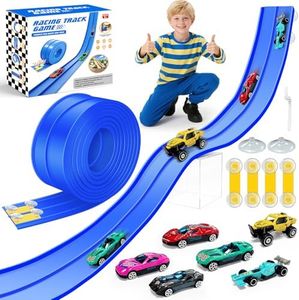 EFCRBS 15Ft Flex Track, Flexible Race Car Track for Kids Toy with 10 Suction Cups, Rolls Up Portable Racetrack Compatible with Hot Wheels & Diecast 1/64th Cars, Christmas Birthday Gifts for Boys(Blue)