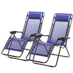 FDW Zero Gravity Chair Patio Chairs Set of 2 Outdoor Chairs Folding Chairs Outdoor Anti Gravity Chair Lounge Reclining Camping Deck Chair with Pillow and Cup Holde (Blue)