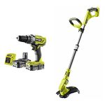 Ryobi R18PD3-215GZ 18 V ONE+ Cordless Combi Drill Starter Kit (2 x 1.5 Ah) & OLT1832 18V ONE+ Cordless Grass Trimmer Only, 25-30cm, Hyper Green