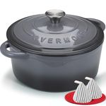 Overmont Enameled Cast Iron Dutch Oven - 7QT Cookware with Cookbook Cotton Heat-resistant Caps - Heavy-Duty Enamel Pot with Lid for Braising Stews Roasting Bread Baking Grey