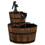 Giantex 2-Tier Barrel Waterfall Fountain Outdoor, Rustic Wood Barrel Cascading Water Fountain with Electric Pump, Outdoor Water Feature with Decorative Hand Pump for Garden Patio Backyard Lawn Porch