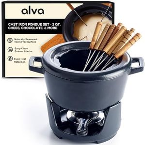 Alva Nori Cast Iron Fondue Set Enameled with 8 Forks Non Toxic 2 Qt 8" PFAS, PFOA & PFTE Free, Smores Kit, Hot Chocolate Maker, Chocolate Melting Pot, Add to Your Pots and Pans Set