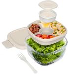 Bentgo Glass All-in-One Salad Container - Large 61-oz Salad Bowl with Lid, 4-Compartment Bento-Style Tray, 3-oz Sauce Container, & Reusable Fork - Dishwasher, Microwave, & Oven Safe (White Stone Tan)