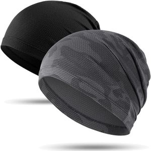 WTACTFUL Running Cap, Fashion Cooling Skull Caps for Men Women, Headscarf Soft Sport Cap Thin Hat Slouchy Beanie for Bicycle Cycling Hiking Baseball Riding Summer 2 Pieces Black Camouflage Gray