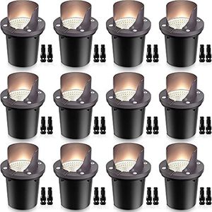 SUNVIE 12 Pack Low Voltage Landscape Lights 12W LED Outdoor In-Ground Waterproof Shielded Well Lights 12V-24V Warm White Paver Lights with Wire Connectors for Pathway Garden Yard Fence Deck