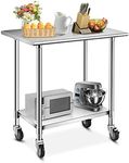 Giantex Stainless Steel Workbench, Prep Work Table, Adjustable Bottom Shelf, Commercial-Grade Scratch-Resistant Table Top, Lockable Wheels, Utility Storage Desk for Kitchen Restaurant (91.5 x 61 cm)