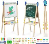 Kids Easel Wooden Easels with Paper Roll Foldable Double Sided Chalkboard Whiteboard Height Adjustable Wooden Art Easel with Folding Storage Tray Number Animal Accessories Painting Set for Boy Girl