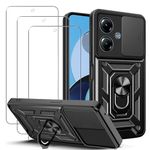 carinacoco Case for Motorola Moto G14, Slide Camera Cover with Rotating Finger Ring Stand Anti-Scratch Hard Armour Shell Shockproof Bumper Cover with 3 Tempered Glass Screen Protector, Black