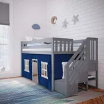 Max & Lily Low Loft Bed, Twin Bed Frame For Kids With Stairs and Curtains For Bottom, Grey/Blue