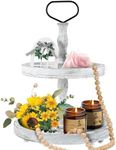 Abizarch Wooden 2 Tiered Tray Cake Stand,Rustic Farmhouse Cupcake Serving Tray Decor with Handle,White Decorative Cake Holder,2 Tier Round Food Display Stands for Dessert Snack Holiday Decoration