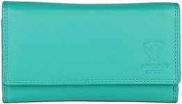 J. Wilson London Ladies RFID Protection Real Leather Purse Card Women Wallet Zip Coin Pocket, Turquoise, Vintage