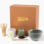 Matcha Tea Present Box Set - Matcha Tea Ceremony Present Set by MATCHA DNA (Brown) - 1 oz Organic Ceremonial Matcha Green Tea Tin, Bamboo Whisk, Ceramic Whisk Holder, Matcha Bowl, and Bamboo Spoon