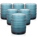 ZMOWIPDL Vintage Glassware Drinking Glasses Set of 6,12 oz Hobnail Glass Cups,Embossed Blue Water Tumbler,for Beer,Cocktail,Whiskey,Juice and Various Mixed Drinks- 1 Cleaning Brush