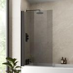 LUXURA® Black Over Bath Shower Screen Door 6mm Clear Toughened Safety Easy Clean Glass Panel Bathroom Hinged Bath Screens 1400 x 800mm 180° Pivot Reversible