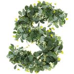 2 Packs 5.9Ft Eucalyptus Garland with White Flowers Silver Dollar Eucalyptus Leaves Gypsophila Garland Artificial Greenery Garland Vines for Wedding Party Mantle Table Runner Home Decor