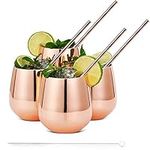 Oak & Steel - 8 Elegant Stainless Steel Stemless Wine Glasses Gift Set, with Reusable Straws and Cleaning Brush, Shatterproof Wine Tumblers for Gin, Cocktails, Party - 350ml (Rose Gold) (8, Rose Gold)