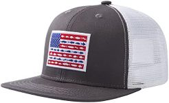 BASSDASH Flat Brim Trucker Cap Adjustable Snapback Hat Mesh Back for Men Women (Charcoal Grey/Fish Flag)