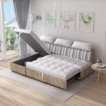 A to Z Furniture Sofa Cum Bed l Shape Classic Fabric & Valvet Tufted Sofa Living Room and Office Bedroom Storage Chaise (Beige)