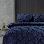 Linen Home Pintuck Double Duvet Set Navy Pinch Pleat Soft Microfibre Double Bed Quilt Cover with 2 Pillowcases, Easy Care Wrinkle Free Double Bedding Set of 3 Pcs (Navy, Double Duvet Cover Set)