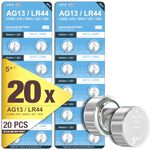 5Plus Group 20 Pcs LR44 AG13 357 303 SR44 A76 Battery 1.5V Button Coin Cell Batteries Ideal for Watches, Hearing Aids, Glucometers, Key Fobs, and More