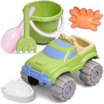 Top Race Monster Truck Beach Toys Combo, Set of 6 Multi Color Plastic Toddler Toys with Dump Truck, Bucket, 2 Shovels, and 2 Prints - Summer Beach Sand Toys for Kids