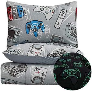 KIDS RULE 3-Piece Gamer Glow in The Dark Comforter Set, with 1 Full Bed Size Comforter and 2 Standard Pillowcase, Game Controllers Print, Blue, Grey, Gifts for Kids - Full