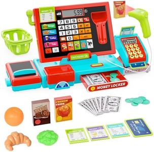 Small Toy Cash Register for Kids, Cash Register with Scanner, Real Calculator/Toy Money/Credit Cards/Food, Perfect Cash Register for Kids Ages 4-8