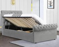 Grey Velvet Upholstered Ottoman Bed, Single Bed Frame UKFR Ottoman Storage Bed With Gas Lift End Opening Wooden Slats With Storage Bed (3ft Single 90 x 190, No Mattress)