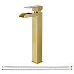 PARLOS Waterfall Vessel Sink Faucet Single Handle Tall Bathroom Vanity Mixer Tap One Hole with Water Supply Line, Brushed Gold, 1441108D