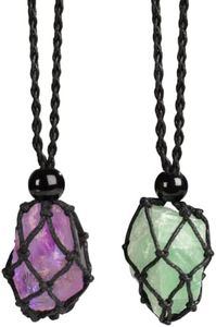 Anjiucc Natural Raw Gemstone Crystal Pendant Necklace Stone Holder Necklace Cord Hand-Woven Necklace with Adjustable Length for Women Men（2 PCS Amethyst+Green Fluorite）