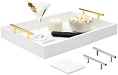 White Serving Tray for Coffee Table, 16x12 with Coasters, Decorative Interchangeable Gold and Silver Handles