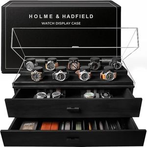 Premium 17 Slot Watch Box for Men - Extra Large Wooden Watch Display Case with Hinged Cover, Leather Lining & 2 Drawers - Watch Holder Organizer Stand - Handcrafted Luxury Birthday Gift for Men