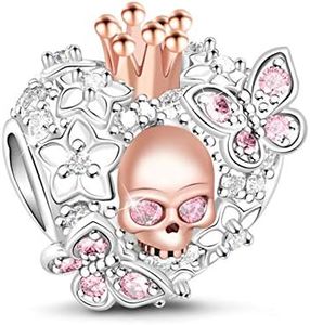 GNOCE Heart Skull Charm 925 Sterling Silver Rose Gold Plated Skull Queen & Butterfly Bead Charms Fits Bracelets Necklaces for Women