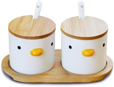 PURROOM Cute Duck Ceramic Sugar Bowls with Wood Lids & Tray, Spoons