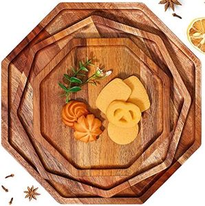 3 Pieces Acacia Wood Serving Tray Wooden Octagon Bread Fruit Platter Large Decorative Plates Charcuterie Cheese Platter Board Vegetable Food Dish for Salad Pizza Cupcakes (12 Inch, 10 Inch, 8 Inch)