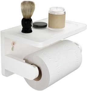 Drill-Free Toilet Paper Holder with Phone Shelf Bamboo Wall-Mounted, No-Drill & Drillable, Bathroom Storage Organizer, Space Saver Tissue Roll Rack for Bathroom, Kitchen, Home Decor (White)