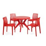 Oaknest Unboxing Furniture Plastic Supreme Web - 4 Chairs With Marina Table Dining Room Set For Indoor And Outdoor Use ( Coke Red ) - 5 Pieces