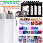 JOYJULY Nail Art Brushes Kit, 3D Nail Art Decorations Kit with Nail Dotting Tools Butterfly Nail Art Glitters Stickers Nail Art Rhinestones, Nail Foil, Nail Art Striping Tapes Nails Design Kit (White)