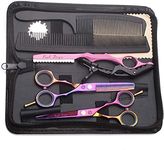 5.5 inch Purple Hair Cutting Scissors Set with Razor, Leather Scissors Case, Barber Hair Cutting Shears Hair Thinning/Texturizing Shears for Professional Hairdresser or Home Use (Multi-colored)