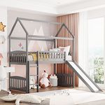 House Loft Bunk Bed with Slide No Box Spring Needed for Teens, Girls or Boys, Twin, Gray