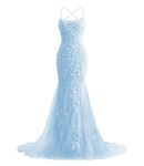 Lace Applique Mermaid Prom Dresses 2024 Tulle Evening Gowns Spaghetti Straps Formal Dresses for Women, Sky Blue, 0