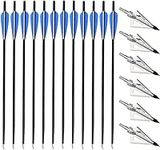 PEIBIAO 12 Pack Carbon Crossbow Bolts Crossbow Arrows 18/20/22 Inch and 3 Blades Hunting Broadheads 6 Pack,Hunting Archery Arrows with Moon Nocks and Removable Tips (20inch Blue)