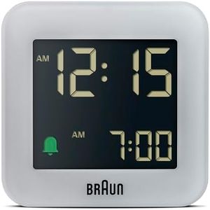 Braun Digital Travel Alarm Clock with Snooze, Compact Size, Negative LCD Display, Quick Set,Crescendo Beep Alarm in Grey, model BC08G.